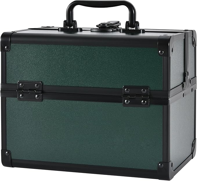GALHUBIS Makeup Train Case, Portable Makeup Case with Mirror, 2-Trays Cosmetic Organizer Case,Nail Polish Organizer, Travel Makeup Box, Profesional for Salon Barber, Green
