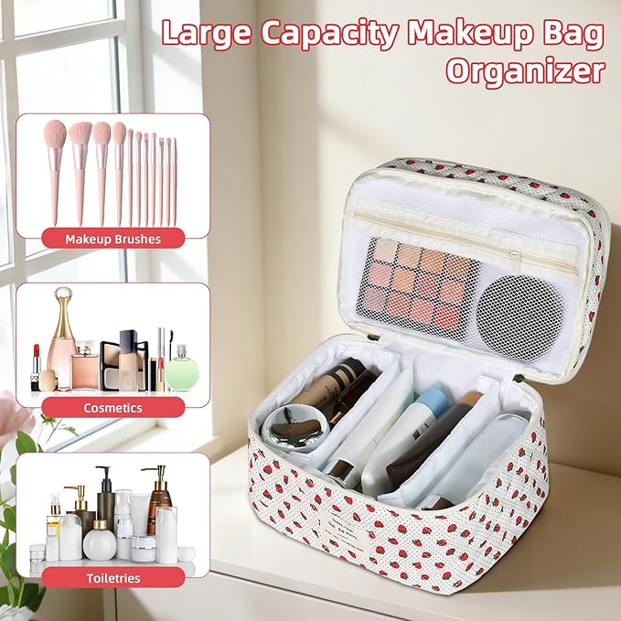 Gosect Makeup Bag, Portable Travel Make up Bag, Large Capacity Quilted Cosmetic Organizer Bag, Cute Floral Toiletry Bag for Women Girls (Strawberry)