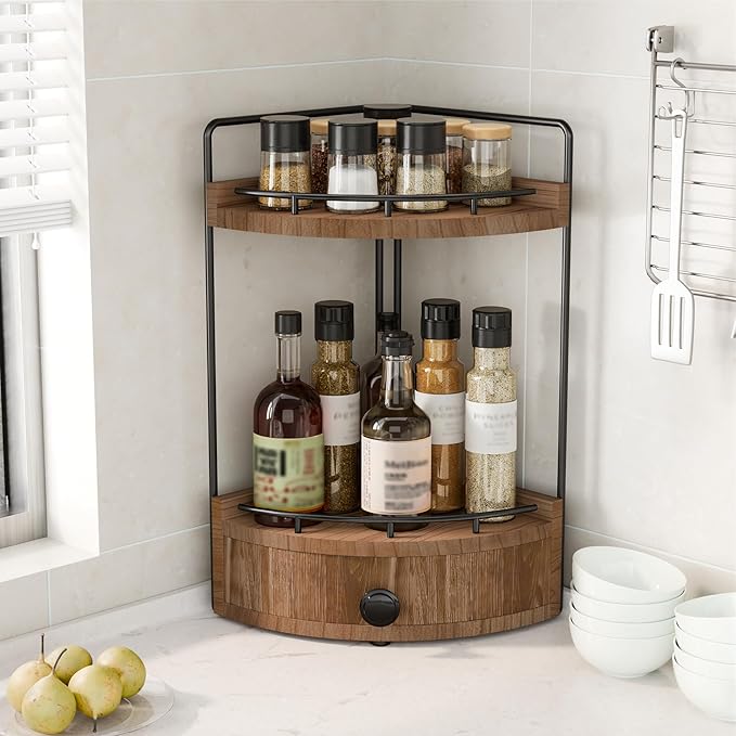 Aollewoiti 2-Tier Corner Bathroom Counter Organizer with Drawer, Dark Brown
