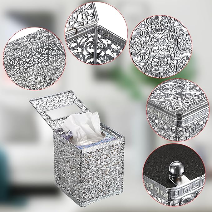 Sumnacon Tissue Box Cover Square Tissue Box with Lid, Metal Tissue Box Holder Stylish Tissue Cover Cube Tissue Box Cover for Bathroom Toilet Kitchen Table Desk Home Office, Silver