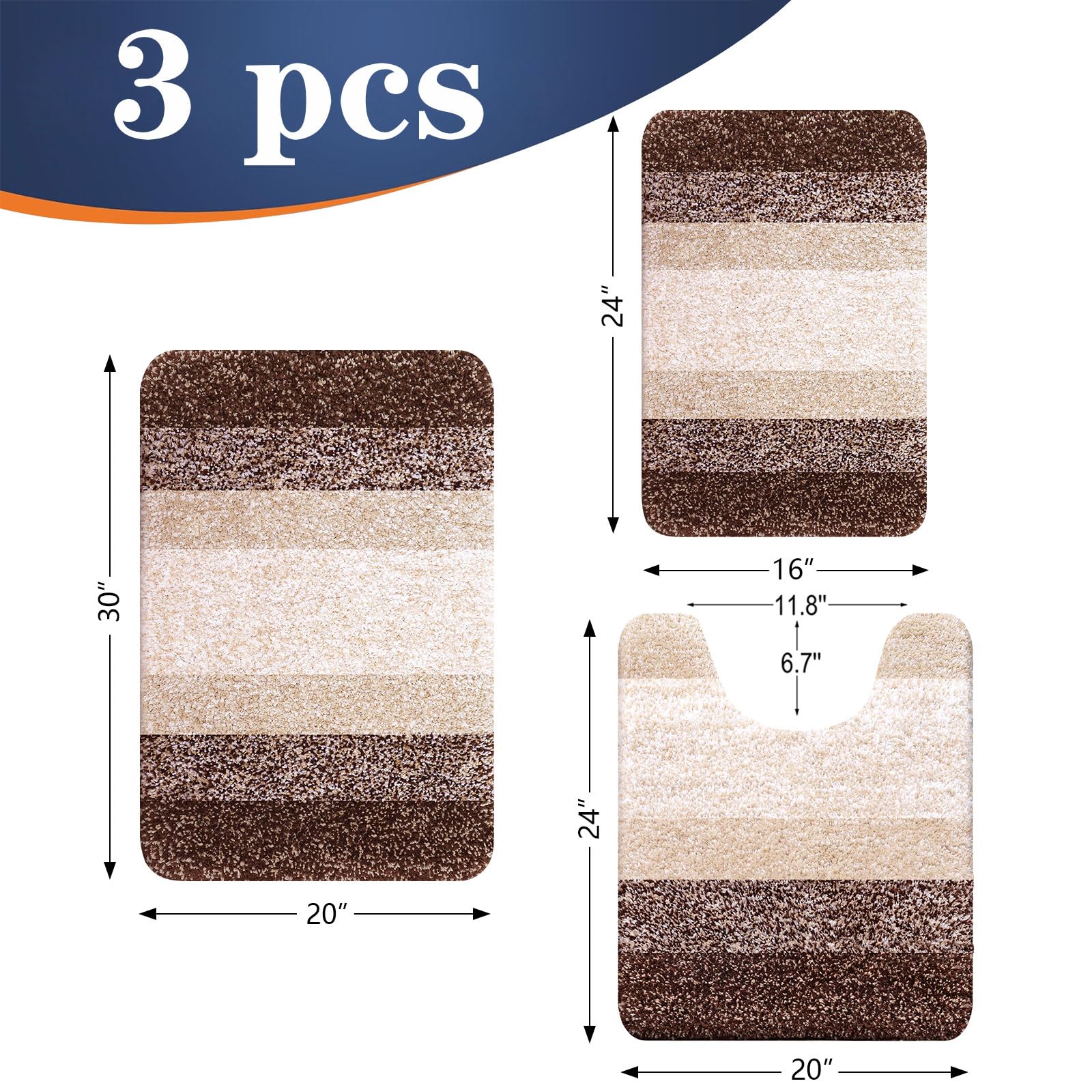 OLANLY Microfiber Bathroom Rugs Sets 3 Piece, 30"x20"+24"x16"+24"x20"