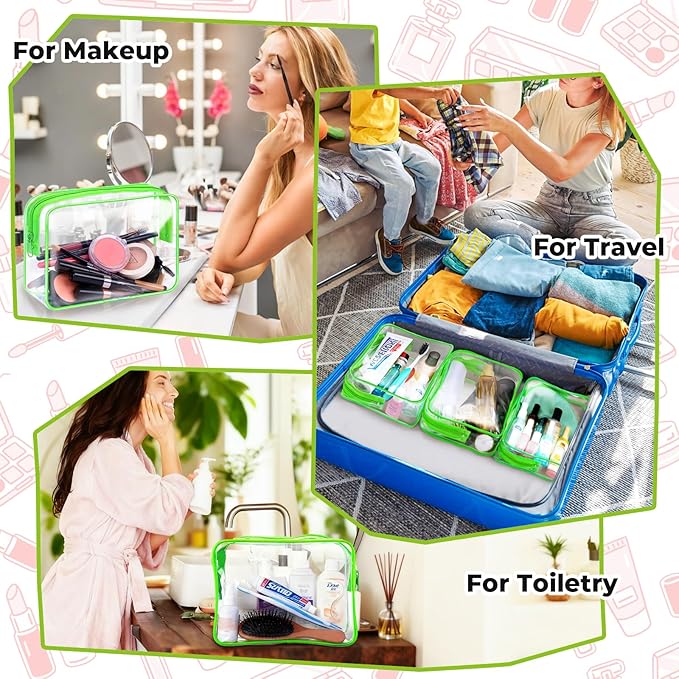 CHICAUP 6 Pieces Clear Makeup Bags Bulk TSA Approved Toiletry Bag for Travel PVC Waterproof Clear Cosmetic Pouch with Zipper for Men and Women Carry-on Travel Essentials (Green)