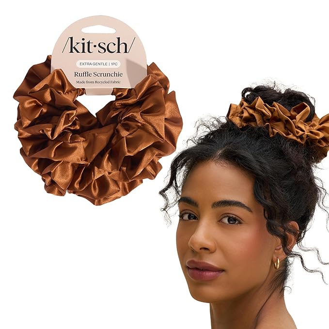 Kitsch Recycled Satin Ruffle Scrunchie – Gentle Hair Scrunchie for Women, Eco-Friendly Hair Tie No Damage, Stylish Ponytail Holder - Camel