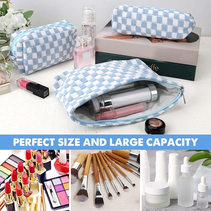 Gocvo 3 Pcs Makeup Bag Cosmetic Bag Set for Girls Women Checkered Travel Organizer Bathroom Toiletry Pouch Large Capacity Storage Bag (Blue-White)