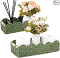 Paper Rope Storage Basket Set of 2 with Wooden Handles - Scalloped Toilet Paper Organizer, Cute & Functional Home Decor for Bathroom or Living Room (Green)