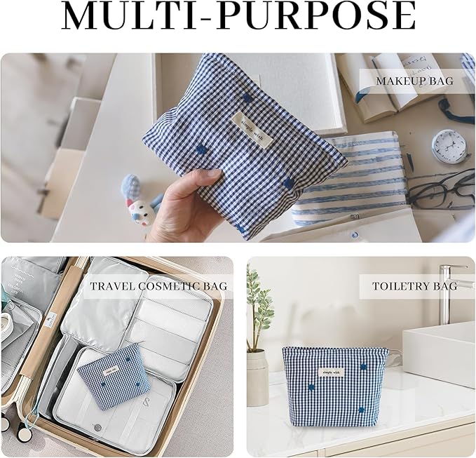 Wudygirl Makeup Bag Travel Cosmetic Bag for Women Small Makeup Pouch with Handle Zipper Cosmetic Pouch Handbag Aesthetic 8.3" x 5.9"(Navy Checkered)
