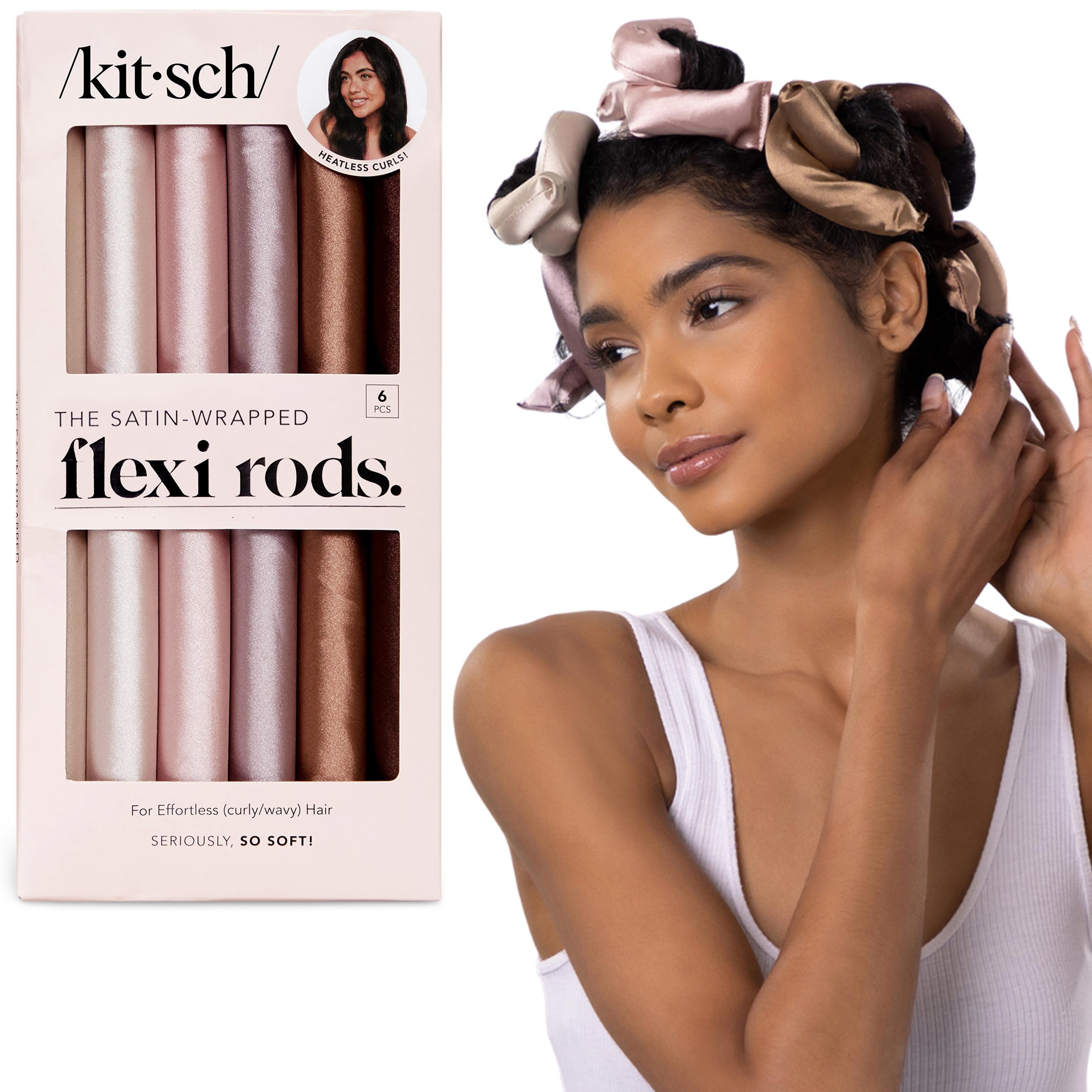 Kitsch Satin Flexi Rods, Heatless Curling Rods - No Heat Curls Overnight, Comfortable Hair Curlers to Sleep In for Frizz-Free and No Heat Damage Styling - 6pcs, Rosewood