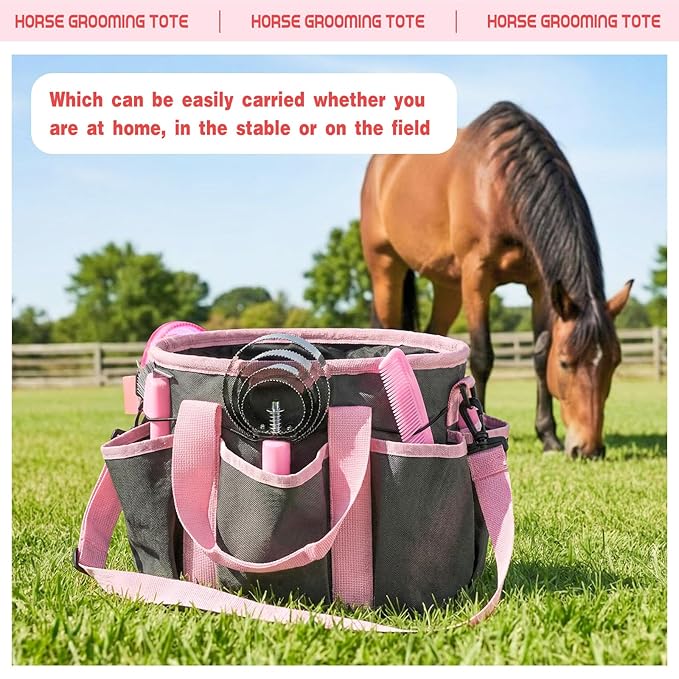 Abbylike 12 Pieces Horse Grooming Kit with Organizer Tote Bag Tack Room Supplies Horse Brush Sets Equine Care Cleaning Kit Shedding Grooming Massaging Tools (Grey and Pink)