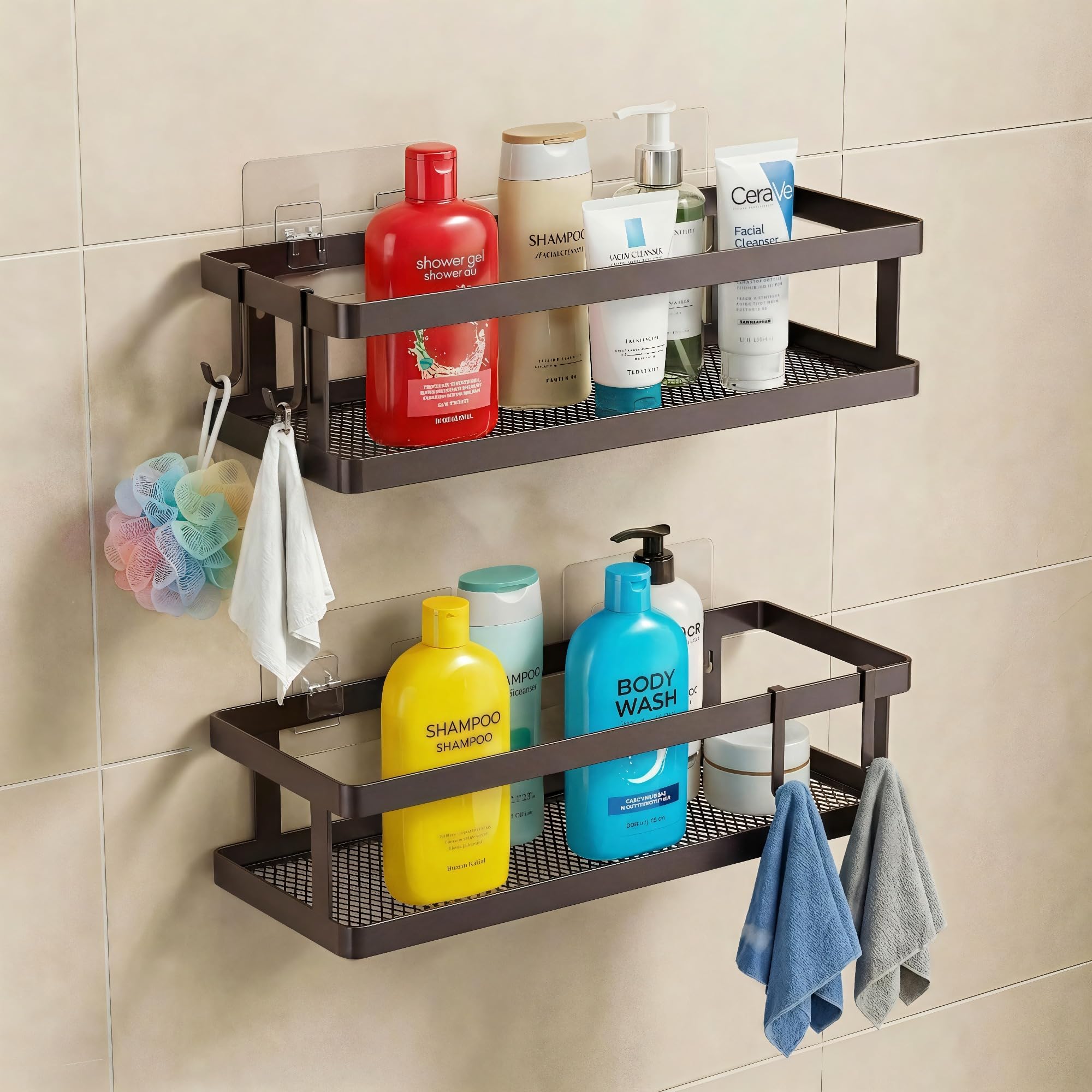 PUSDON 2-Pack Minimalist Shower Caddy Wall Mount, Open Frame Bathroom Shelf Organizer with Mesh Base, Rustproof Floating Spice Rack for Kitchen, Holds 50 LBS, 4 Hooks - Vintage Bronze, Guardrail