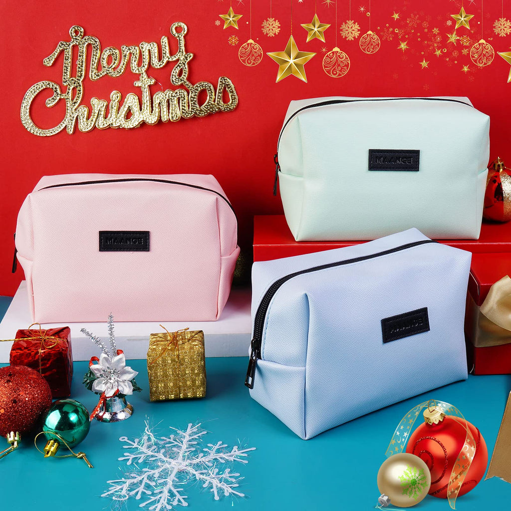 MAANGE 2 Pcs Small Makeup Bag For Purse, Travel Cosmetic Bag Makeup Pouch PU Leather Portable Versatile Zipper Pouch For Women (Blue+Green)