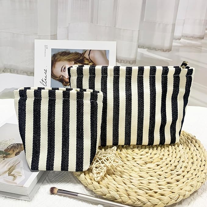 getgto 2 Pcs Makeup Bags, Large Cosmetic Bag Travel Toiletry Bag Organizer for Women, Embroidery Craft, Stripe Makeup Bag Small Cosmetic Pouch Purse with Zipper Gifts for Girls Teen