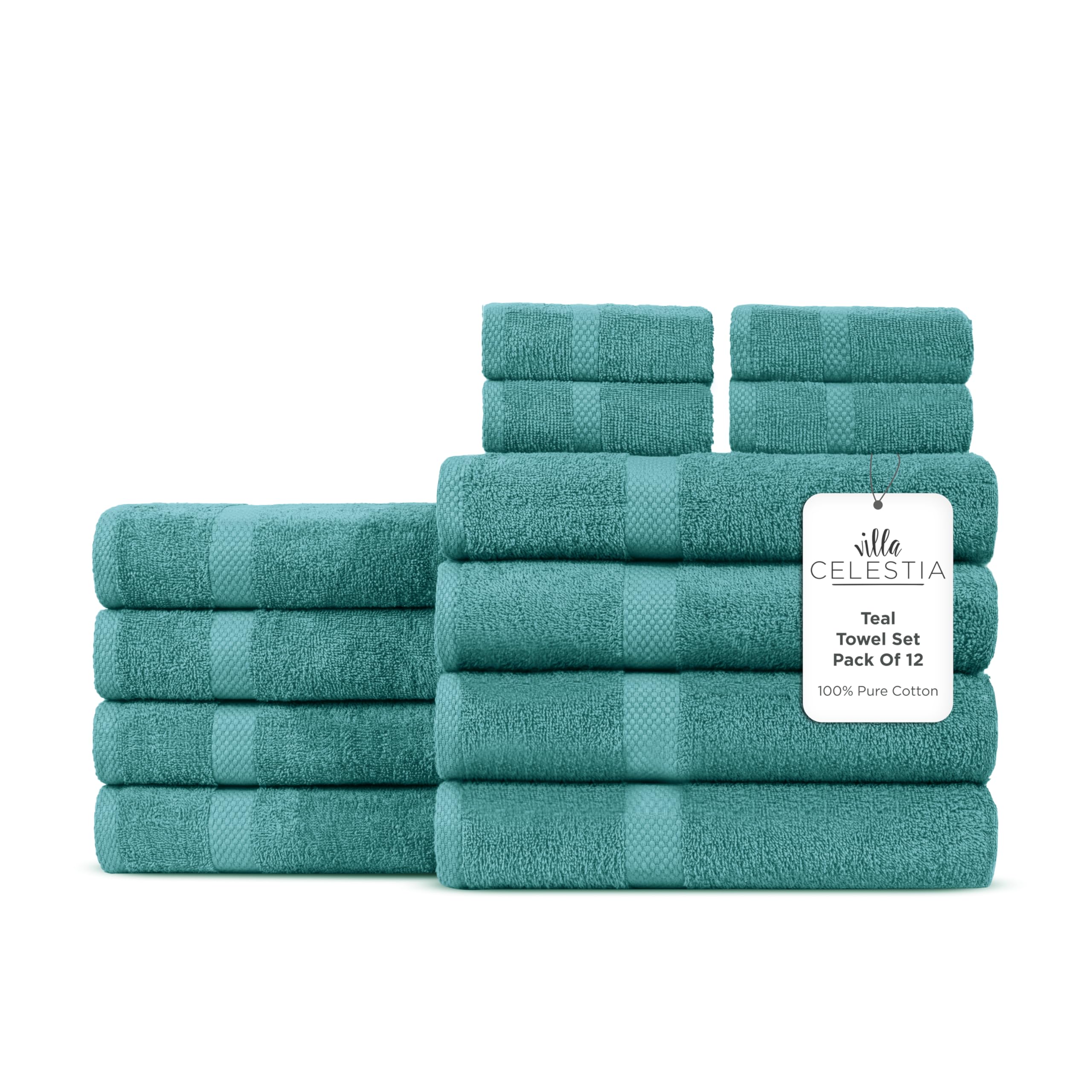 Villa Celestia 12-Piece 100% Cotton Towel Set, 4 Bath Towels, 4 Hand Towels, 4 Wash Cloth, Quick-Dry, Teal