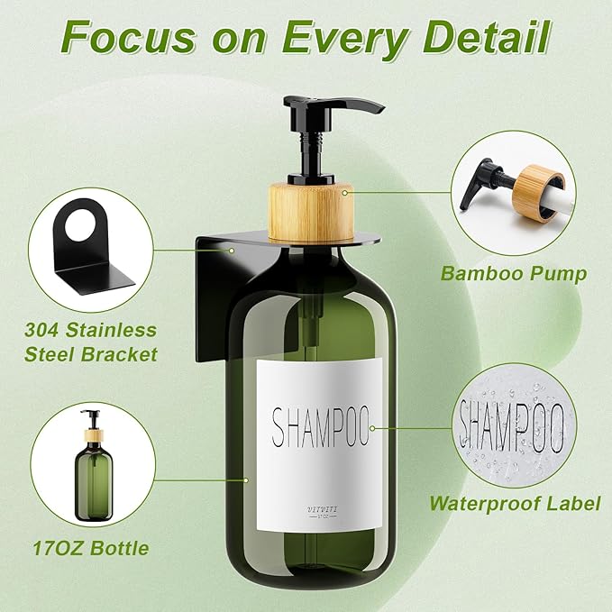 VITVITI Shampoo and Conditioner Dispenser, Body Wash Shower Soap Dispenser Wall Mounted 3 Chamber, Drill Free 17oz Plastic Shower Bottles for Bathroom, Dark Green 3 Sets
