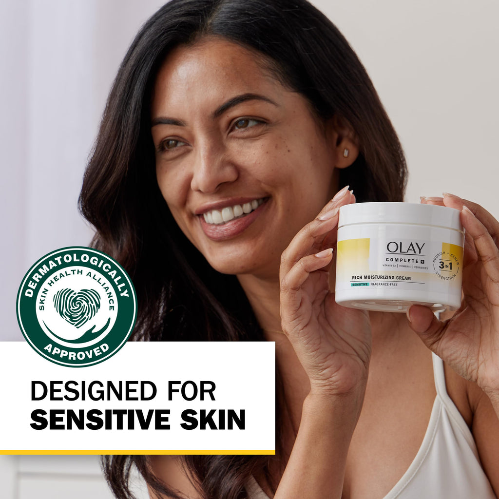Olay Face Moisturizer, Complete+ Rich Moisturizing Cream - Fragrance-Free, Gentle for Dry & Sensitive Skin, 3-in-1 Hydrating to Strengthen, Nourish, Renew - Niacinamide, Vitamin E, & Ceramides, 8.5 oz