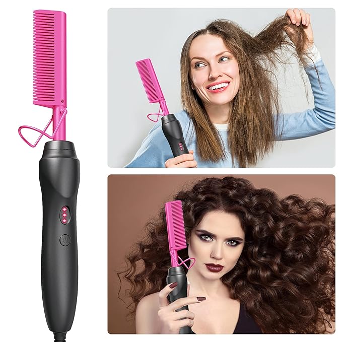 Hot Comb Hair Straightener Pressing Combs - Ceramic Electric Hair Straightening Comb, Curling Iron for Natural Black Hair Beard Wigs Holiday Gift - Pink