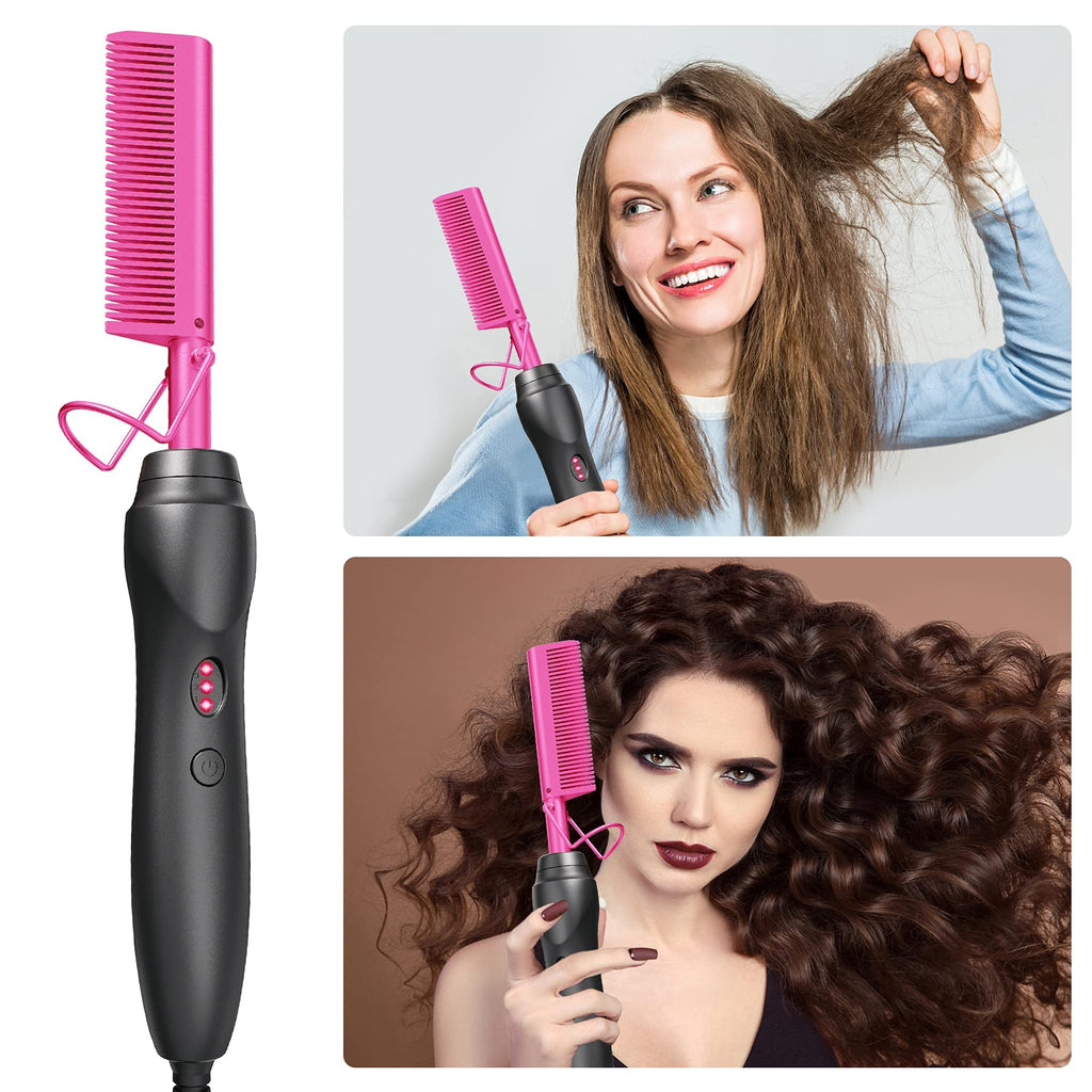 Hot Comb Hair Straightener Pressing Combs - Ceramic Electric Hair Straightening Comb, Curling Iron for Natural Black Hair Beard Wigs Holiday Gift - Pink