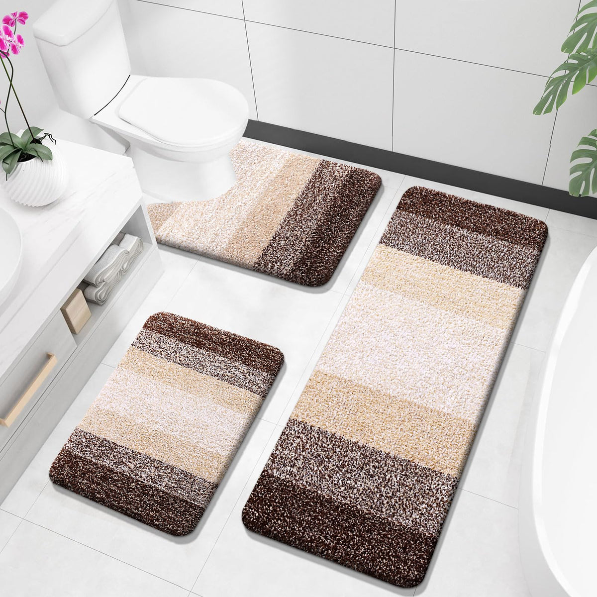 OLANLY Microfiber Bathroom Rugs Sets 3 Piece, Absorbent Bath Mats, Mauve