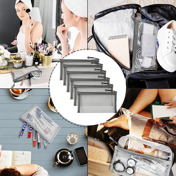 CarryEpic Mesh Bags with Zipper (6 Packs), Small Nylon Makeup Bag Cosmetic Pouches Travel Organizer Case for Purse Diaper Bag Home Organizing Gray