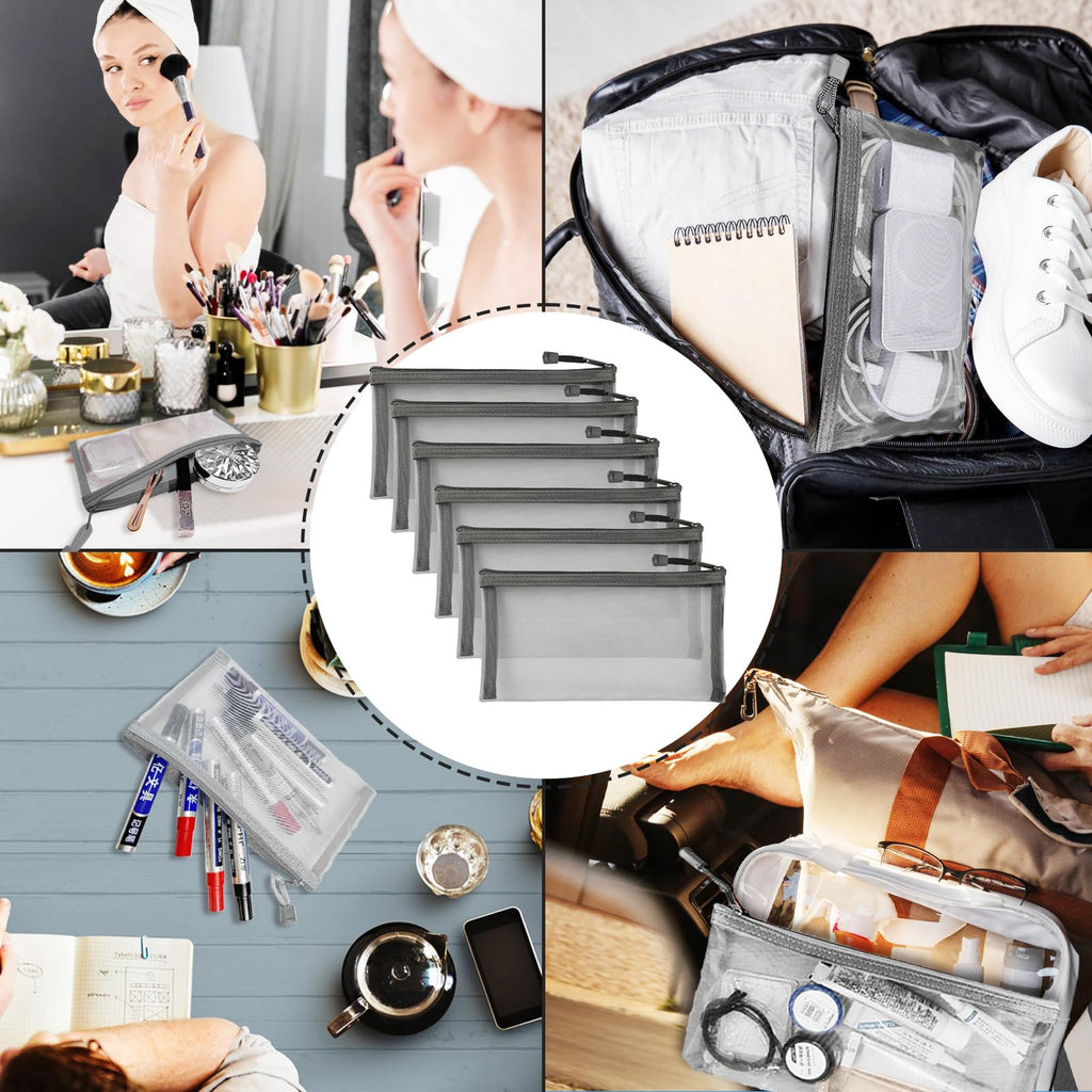 CarryEpic Mesh Bags with Zipper (6 Packs), Small Nylon Makeup Bag Cosmetic Pouches Travel Organizer Case for Purse Diaper Bag Home Organizing Gray