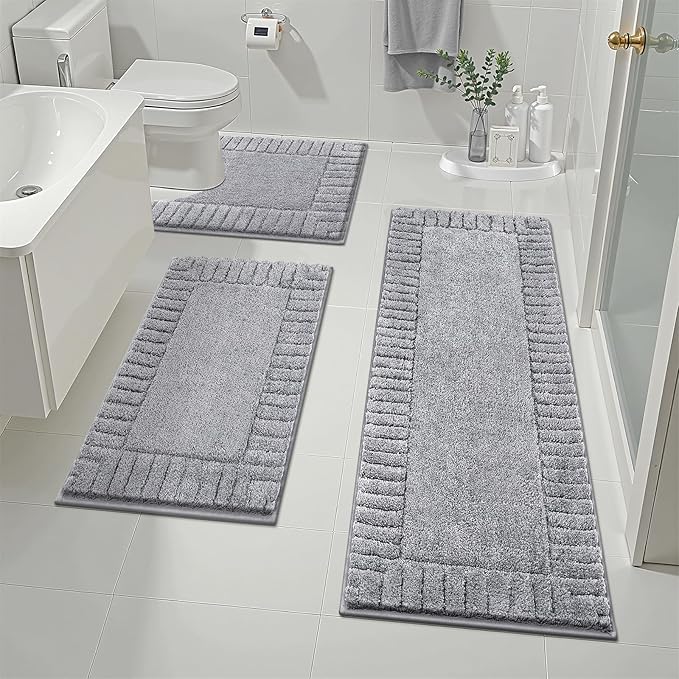 Pauwer Bathroom Rugs Sets 3 Piece, Microfiber Bath Mat Set, Light Grey