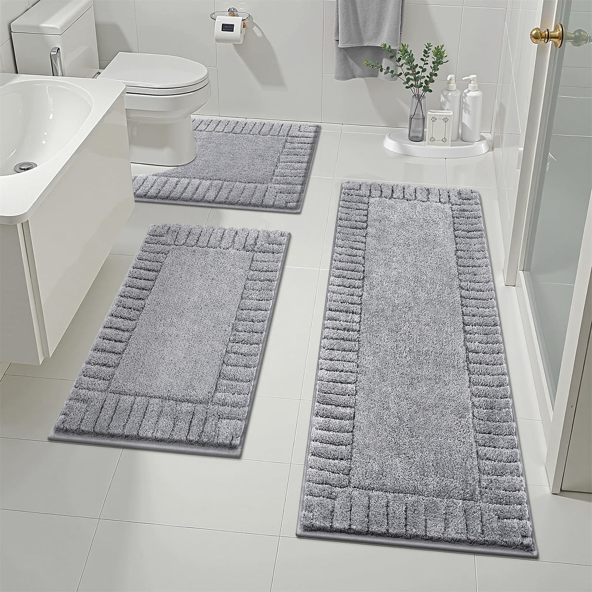 Pauwer Bathroom Rugs Sets 3 Piece, Microfiber Bath Mat Set, Black