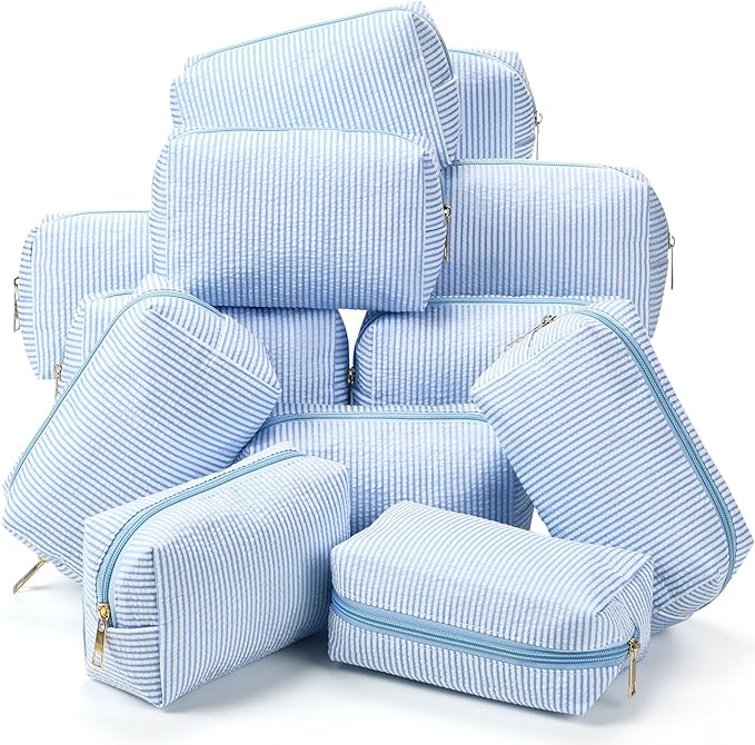 Sanwuta 12 Pcs Seersucker Cosmetic Bags Bulk Seersucker Makeup Bags Stripe Women Pouch Large Preppy Storage Pouch Toiletry Travel for Wedding Bridesmaid Bride Favor Back to Teacher Gift (Light Blue)