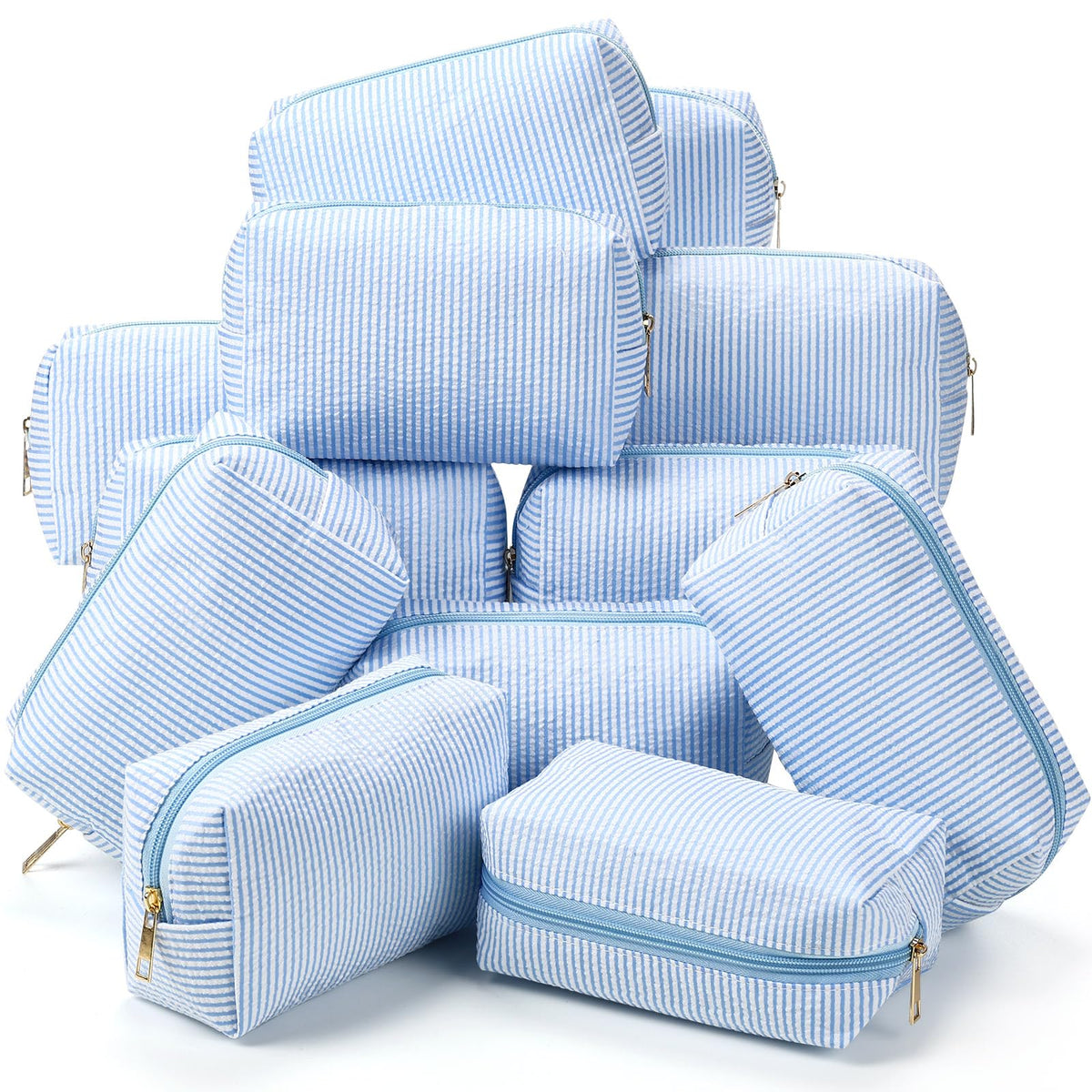 Sanwuta 12 Pcs Seersucker Cosmetic Bags Bulk, Striped Zippered,Light Blue