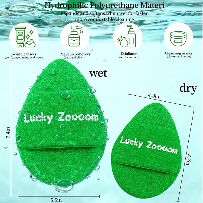 2 Pcs Large Face Sponges for Cleansing Daily Exfoliating Scrubber Facial Sponges for Washing Face Wash Sponges Scrub Exfoliating Facial Pads Reusable Makeup Remover for Pore Blackhead (Green)