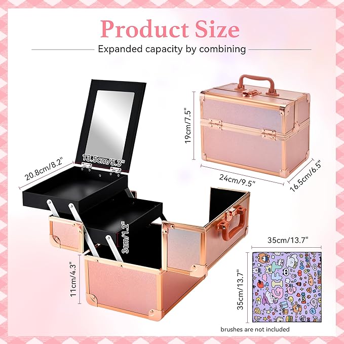GALHUBIS Makeup Train Case, Portable Makeup Case with Mirror, 2-Trays Cosmetic Organizer Case,Nail Polish Organizer, Travel Makeup Box, Profesional for Salon Barber, Rose Gold