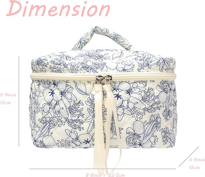PAZIMIIK Quilted Makeup Bag Large Travel Zipper Soft Cosmetic Case for Women Girls Make Up,Jouy Blue