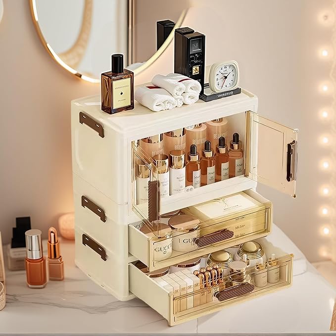 A stackable desktop organizer with drawers and compartments, ideal for storing cosmetics, beauty tools, jewelry, and school supplies in a student dorm. Features a convenient magnetic door handle.