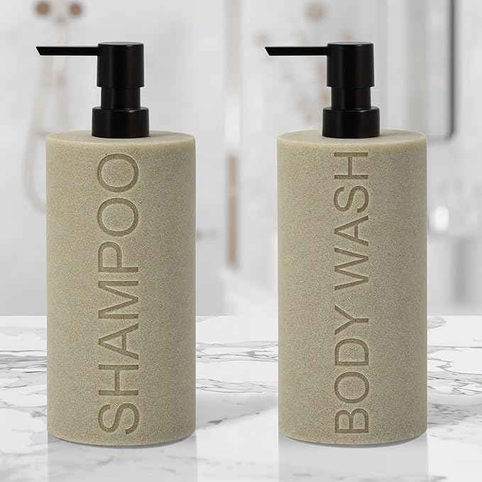 Indecor Home Resin 2 Pack Shampoo, Conditioner or Body Wash Dispenser Set, Luxurious Refillable Pump Bottles with Matte Pump Top and Embossed Text, Durable Design for Bathroom and Shower