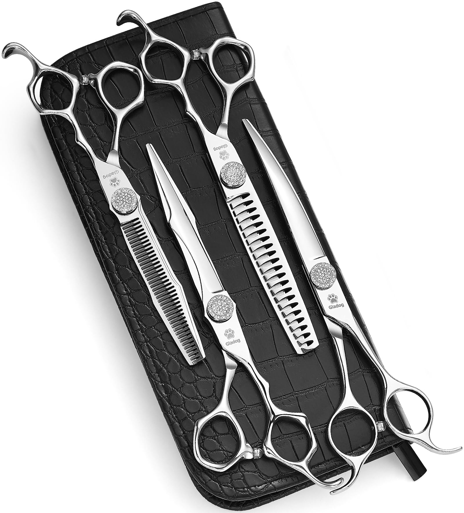 GLADOG Luxury Dog Grooming Scissors Set - 7" Straight, 6.5" Thinning, 7" Chunkers, 7" Curved - 9CR Steel, Silver Luxe, Right Hand, Plastic Handle, 4 Count