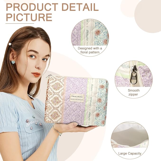Gosect Floral Makeup Bag, Small Cosmetic Bag for Women Girls, Cute Cotton Makeup Bag,