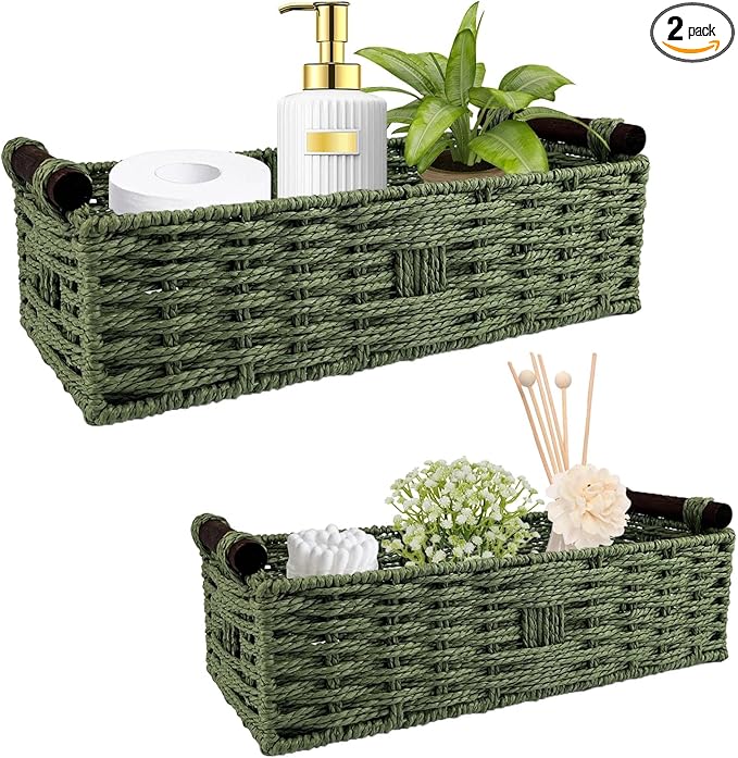 Green Toilet Basket Tank Topper for Bathroom Organizers & Storage, Paper Rope Imitation Wicker Toilet Paper Holder Basket with Handles for Desk, Countertop, Boho Coastal Bathroom Decor 2 PCS