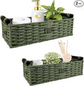 Green Toilet Basket Tank Topper for Bathroom Organizers & Storage, Paper Rope Imitation Wicker Toilet Paper Holder Basket with Handles for Desk, Countertop, Boho Coastal Bathroom Decor 2 PCS