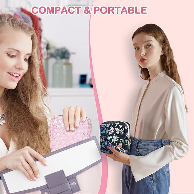 Likesing Period Bag Pouch, Leather Sanitary Napkin Storage Bag for Girls Womens, Portable Sanitary Napkin Period Pad Pouch Bag for Purse (Black-Dancing Butterfly)