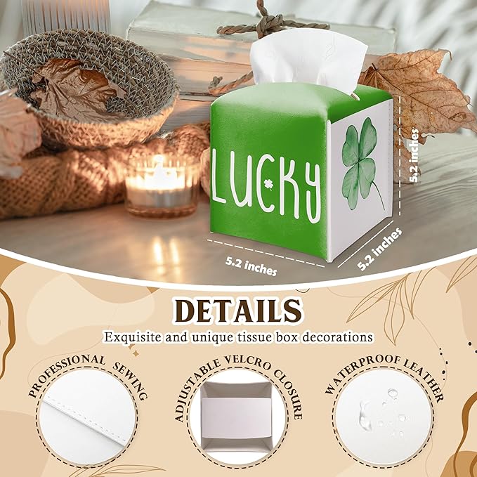 St. Patrick's Day Lucky Clover Design Tissue Box Cover - Green PU Leather Waterproof Tissue Holder - Facial Paper Organizer for Home Bathroom Office -Desk Holiday Decorative Dispenser Box-B07