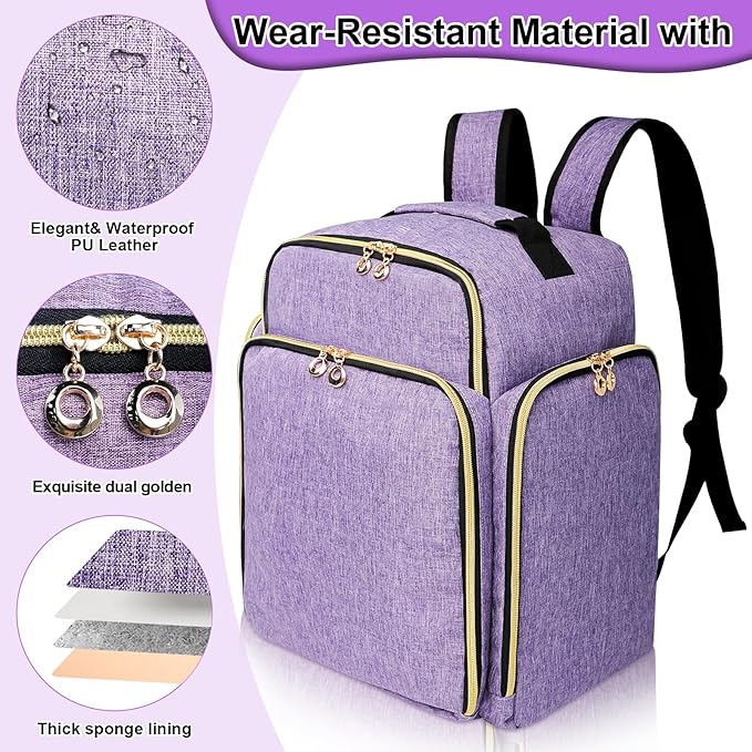 ahzske Nail Polish Organizer Backpack Holds 126 Bottles& Nail Lamp, Extra Large Nail Kit Supplies Organizer Bag with 3 Removable Cases, Portable Nail Organizers and Storage for Travel (Noble Purple)