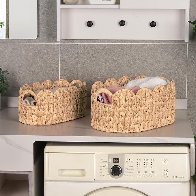 Scalloped Wicker Basket, Set of 2 Hand-Woven Natural Rattan Baskets with Built-in Handles, Water Hyacinth Storage Oval Cute Baby Baskets for Nursery, Organizing, Decor and Shelves