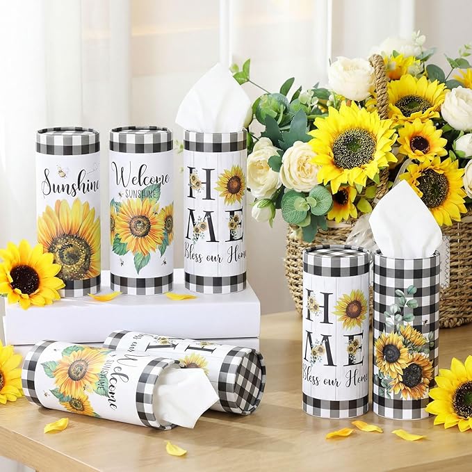 Fourluoo 12 Pack Sunflower Tissue Boxes for Car Cylinder Bulk Black White Plaid Flower Round Cylinder Holder with 3 Ply Facial Tissues for Spring Summer Travel Bathroom Office Decoration