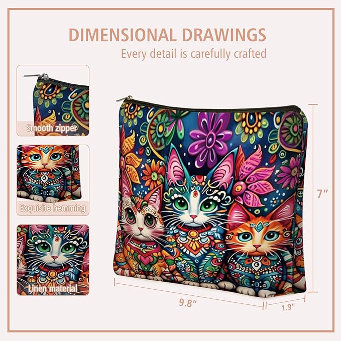 Girlly Bohemian Cat Mom Makeup Bag For Women & Teen Girl Cat Lover Gifts. Cute Boho Cats Themed Cosmetic & Toiletry Organizer Pouch For Daughters, Sisters, Friends.Ideal Gift For Travel, Christmas.