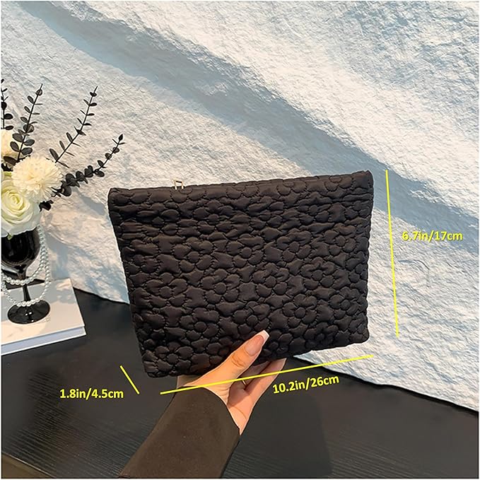 HFLZBRO Puffy Quilted Makeup Bag for Women, Cosmetic Bag, Travel Toiletry Organizer Pouch Clutch (Black Flowers)