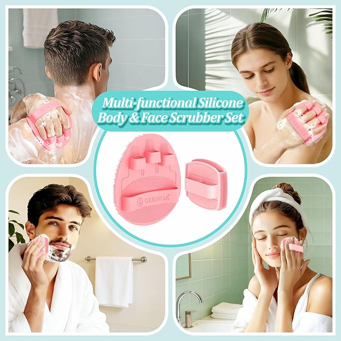 Silicone Bath Glove & Face Scrubber Set 2PCS, 360° Anti-Slip & Hand-fit Body Scrubber for Rich Foaming Deep Cleaning, Unique Facial Scrubber with Side-bristles for Contoured Areas.(Pink)