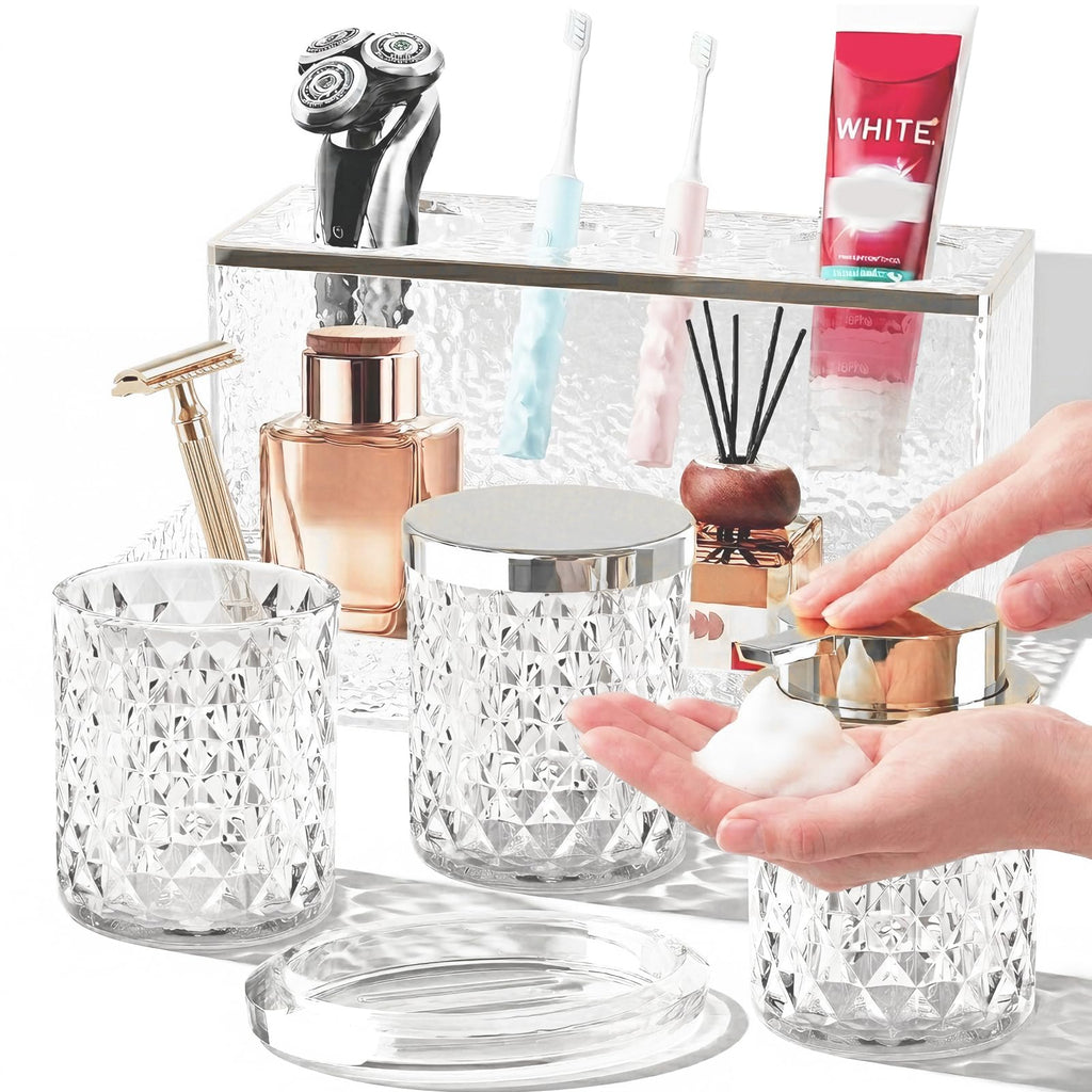 Glass Bathroom Accessories Set 5Pcs Crystal - Foaming Soap Dispenser, Soap Dish, Cup, Acrylic Toothbrush Holder with Tray Organizer, Qtip Jar, Bathroom Counter Set Sink Decor (Clear)