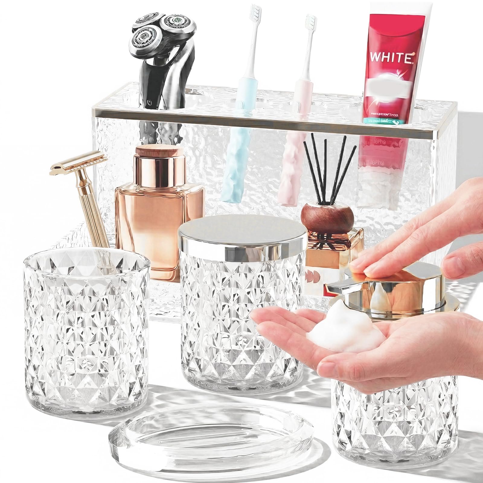 Glass Bathroom Accessories Set 5Pcs Crystal - Foaming Soap Dispenser, Soap Dish, Cup, Acrylic Toothbrush Holder with Tray Organizer, Qtip Jar, Bathroom Counter Set Sink Decor (Clear)