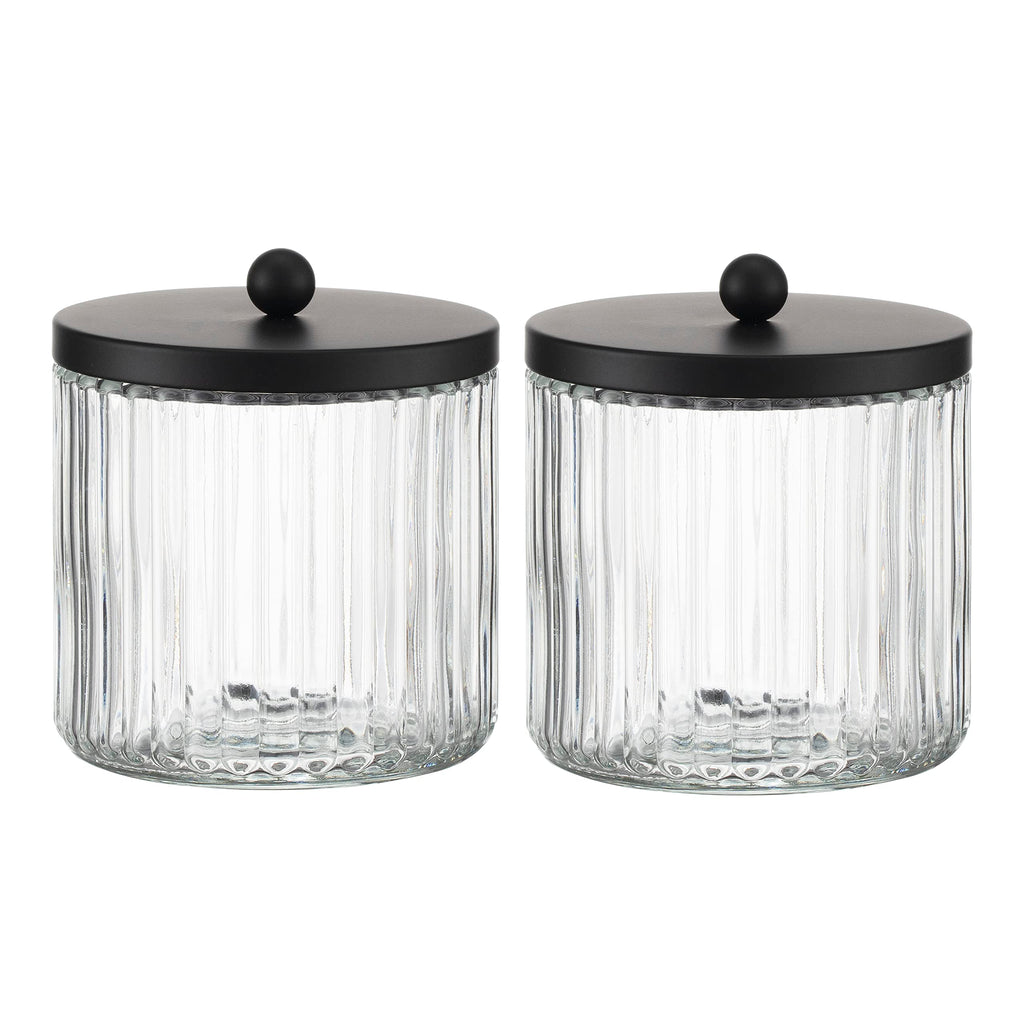 KMwares 2-Pack Glass Qtip Holder Dispenser Set - Bathroom Canister Storage Organizer for Cotton Balls, Swabs, Floss Picks, and Makeup Sponges with Matte Black Metal Lid - Clear Vanity Apothecary Jars