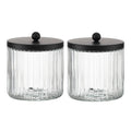KMwares 2-Pack Glass Qtip Holder Dispenser Set - Bathroom Canister Storage Organizer for Cotton Balls, Swabs, Floss Picks, and Makeup Sponges with Matte Black Metal Lid - Clear Vanity Apothecary Jars