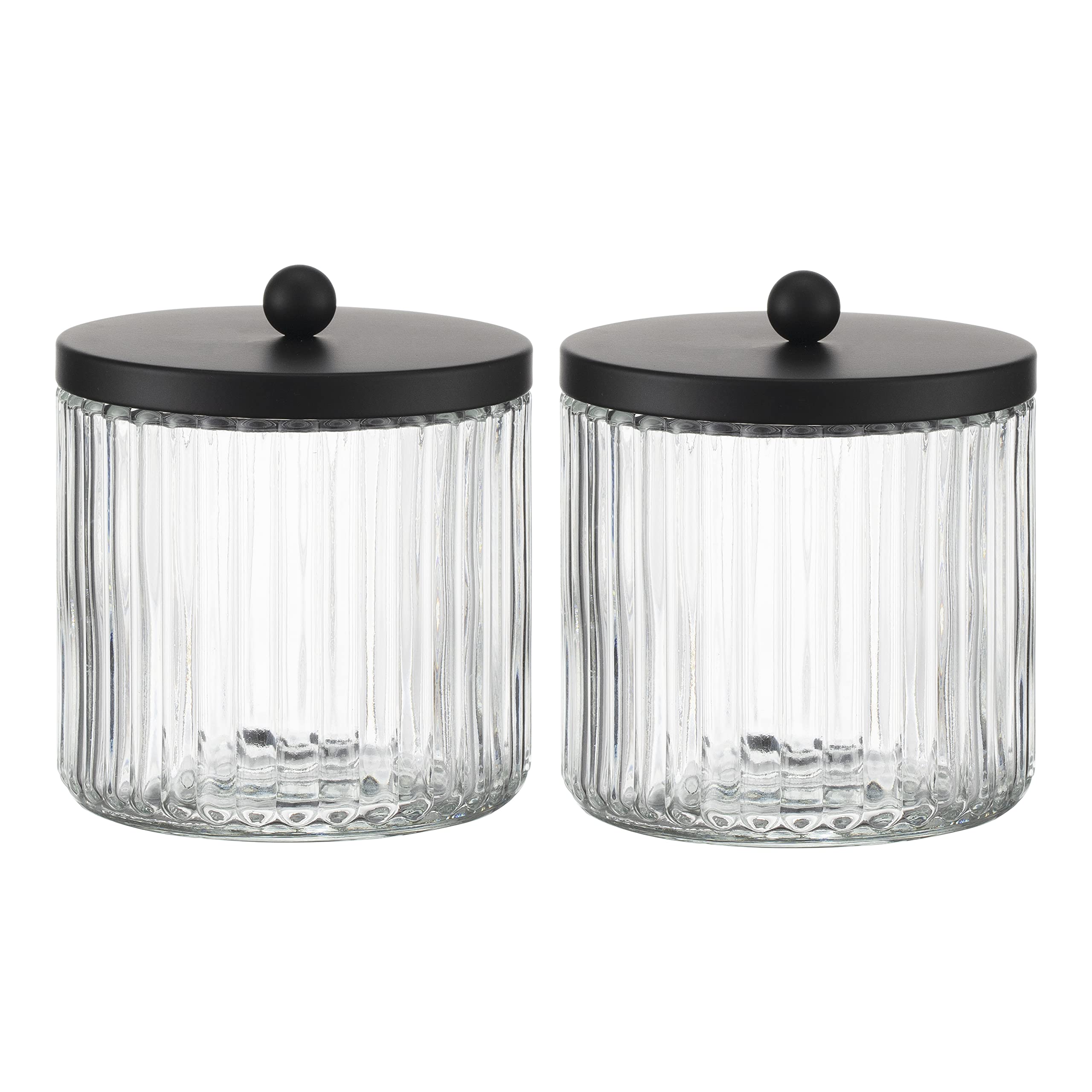 KMwares 2-Pack Glass Qtip Holder Dispenser Set - Bathroom Canister Storage Organizer for Cotton Balls, Swabs, Floss Picks, and Makeup Sponges with Matte Black Metal Lid - Clear Vanity Apothecary Jars