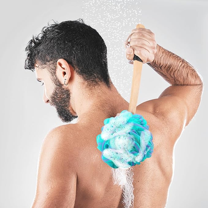 FORENEE Green and Purple Loofah on a Stick, PE Mesh Back Scrubber
